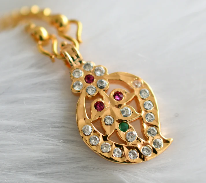 Gold tone Pink Green White Mango Pendant – 24 inches
